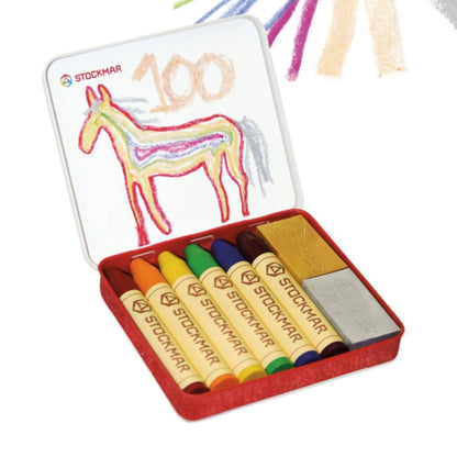Stockmar Regenboogeditie - assortiment - 6 waskrijtjes en 2 wasblokjes